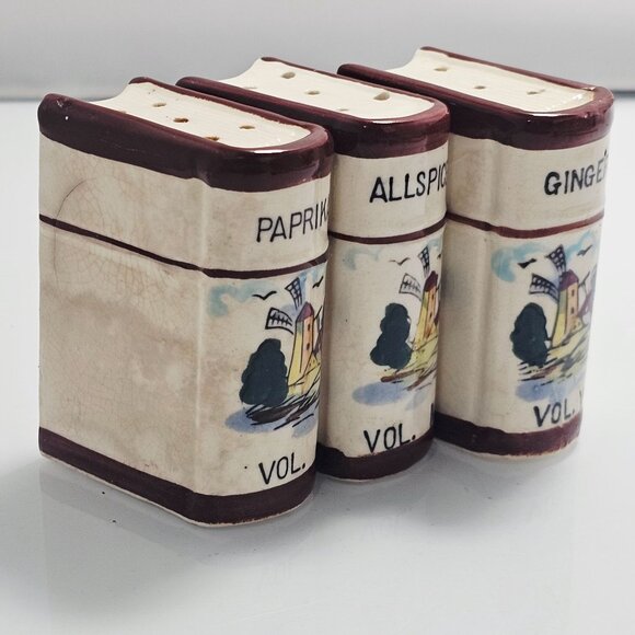 3 Westwood Ceramic Spice Containers book shaped vtg Japan windmill design retro - Picture 2 of 11
